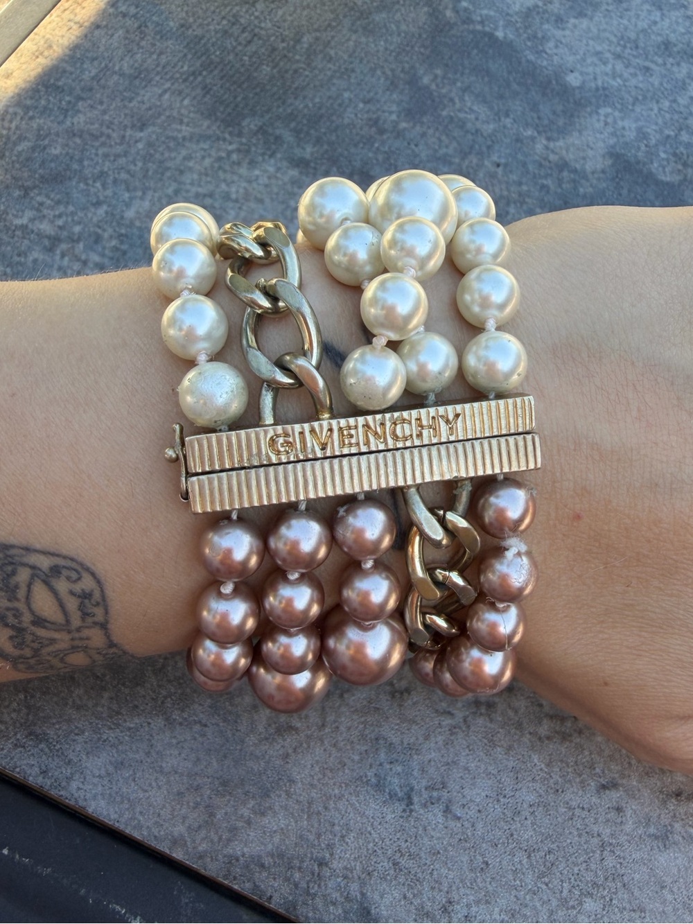 Givenchy Vintage Tri-colored Pink Cream Pearl Multi-Strand Bracelet with stones